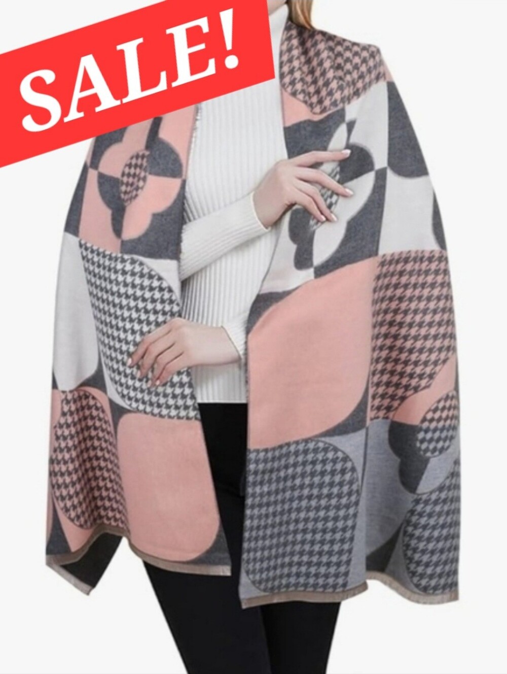 🔴58 Sale!! Stylish Open Front Poncho Cape With Floral Design Wrap Scarf